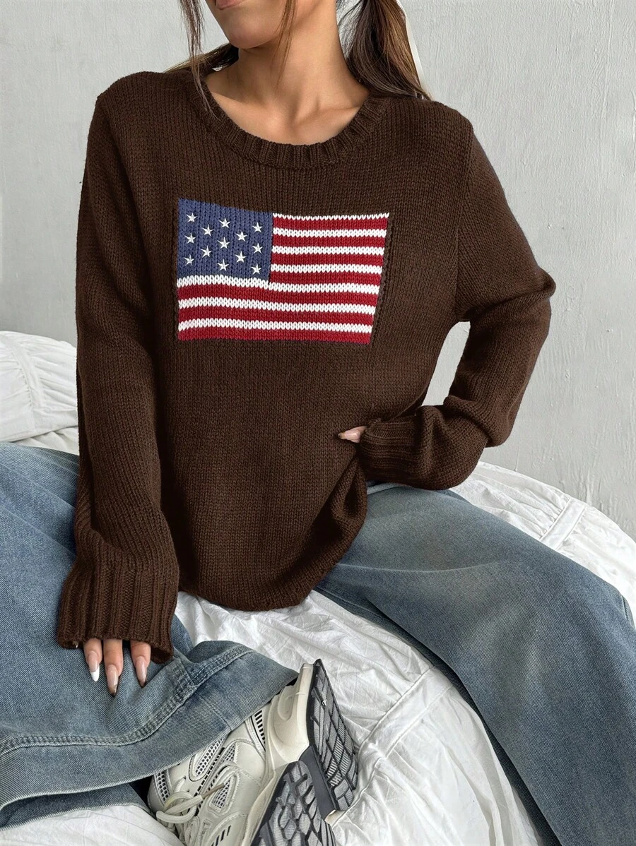 SHEIN EZwear 女士圆领长袖图案细节简约休闲上衣 - 咖啡棕 - 查看 1