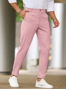 Manfinity Homme Men's Solid Color Casual Pants With Slant Pockets, For Daily Outings, Fall - Pink - View 7
