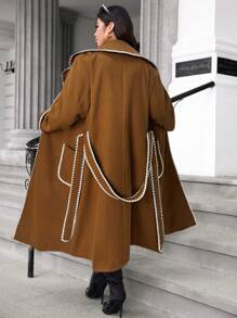 SHEIN Unity Plus Size Contrast Color Trim Long Casual Coat, Autumn/Winter - Coffee Brown - View 2