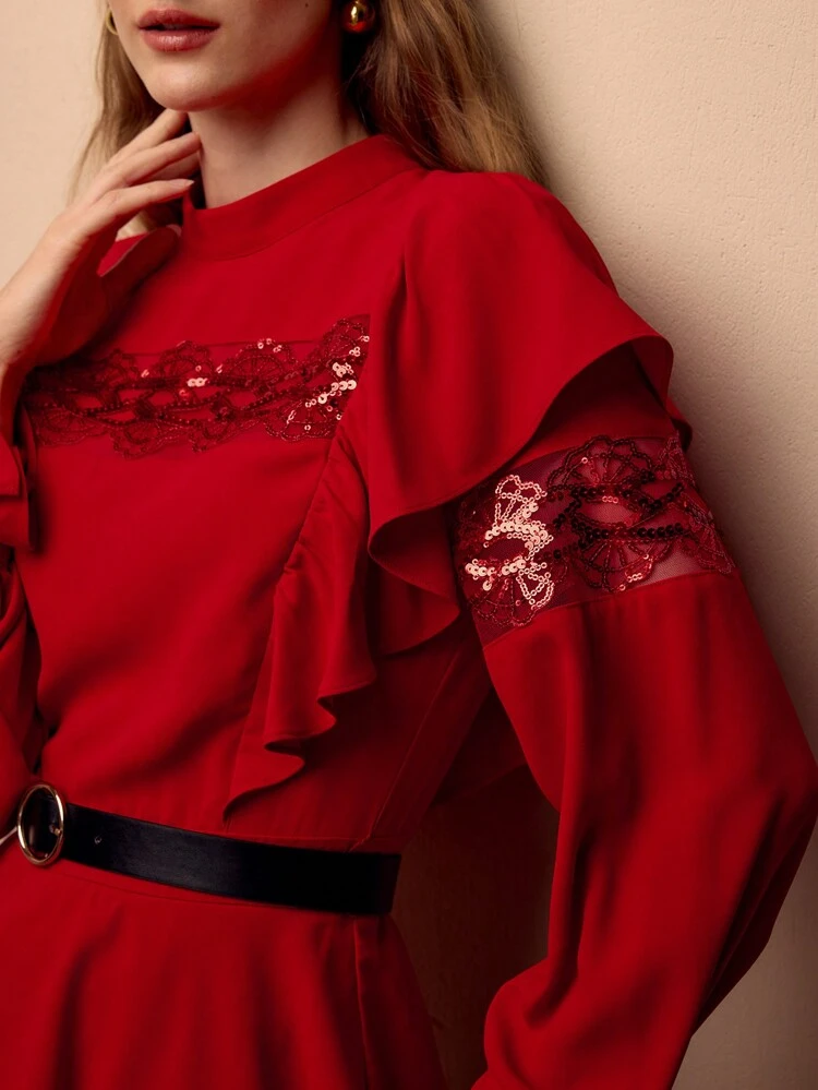 CONTRAST MESH SEQUIN EMBROIDERY RUFFLE TRIM BLOUSE