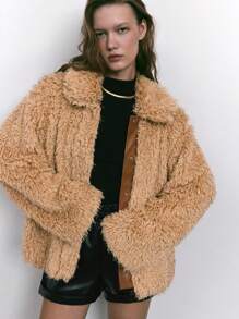 Maija Women's Brown Fuzzy Warm Faux Leather Patchwork Turndown Collar Loose Casual Teddy Fleece Jacket, Winter - Khaki - View 1