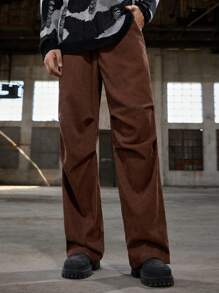 Manfinity RebelGame 男士休闲宽松松紧腰直筒梭织裤 - 棕色 - 查看 5