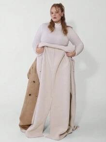 SHEIN CURVE+ Áo khoác nữ Curve Plus kẻ caro màu nâu cổ bẻ cài hai hàng khuy, dành cho mùa đông - Màu Khaki - Xem 8