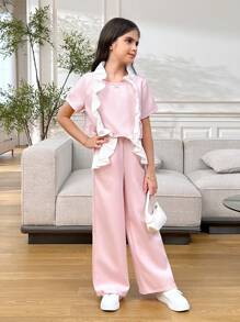 SHEIN 2pcs Tween Girls Casual Contrast Color Ruffle Collar Shirt & Ruffle Hem Pants Set