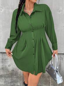 Calvaya Plus Size Women Solid Color Long Sleeve Single-Breasted Cinched Waist Casual Shirt, Autumn - Army Green - View 7