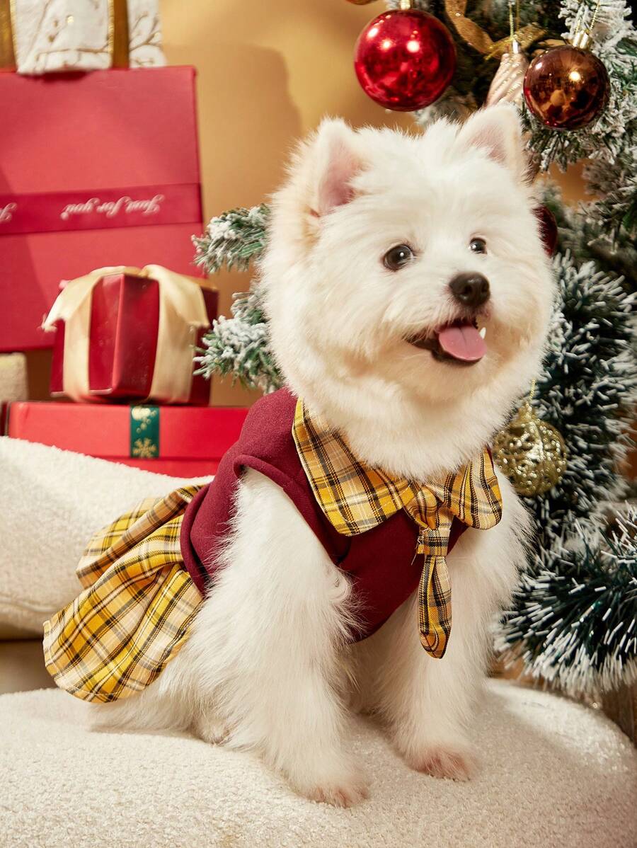 PETSIN 1 件宠物猫/狗红色毛绒运动衫拼布格子 JK 风格休闲校服 - 黃色 - 查看 1