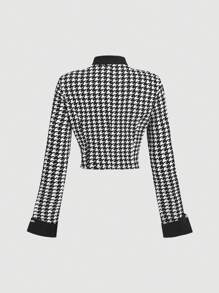 SHEIN MOD 千鸟格复古风格西装外套，配色衣领和袖口，褶皱下摆长裙女士商务套装 - 彩色 - 查看 4