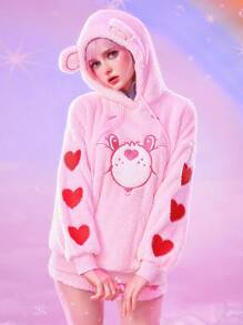 ROMWE X Care Bears Women Embroidered Teddy Bear Pattern Face Plush Women Drawstring 3D Ears Hooded Sweatshirt - Pink - View 1