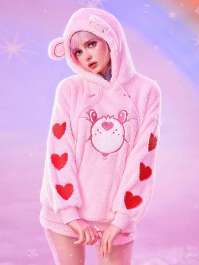 ROMWE X Care Bears Felpa con cappuccio da donna con motivo ricamato di orsetto teddy, con orecchie in 3D e coulisse