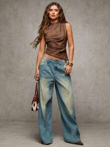 SHEIN BAE 女式立领褶皱不对称下摆时尚背心 - 卡其色 - 查看 1