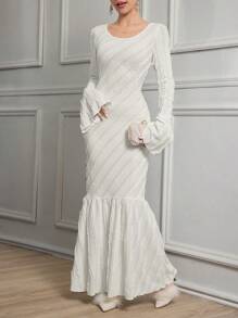 Modelyn 1pc Women Knitted Texture Long Bell Sleeve Fitted Mermaid Hem Dress Long Evening Dresses - White - View 5