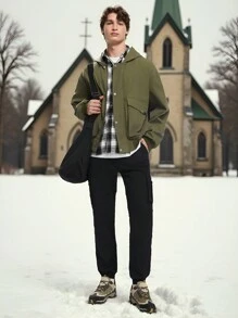 Manfinity VCAY Men's Fashion Casual Woven Short Stand Collar Zip Up Long Sleeve Jacket, For Fall Winter