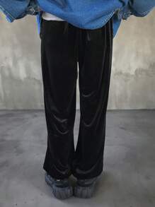 FRIFUL Women's Casual Elastic Waist Faux Pearl Decor Loose Flannelette Ankle Tied Sweatpants