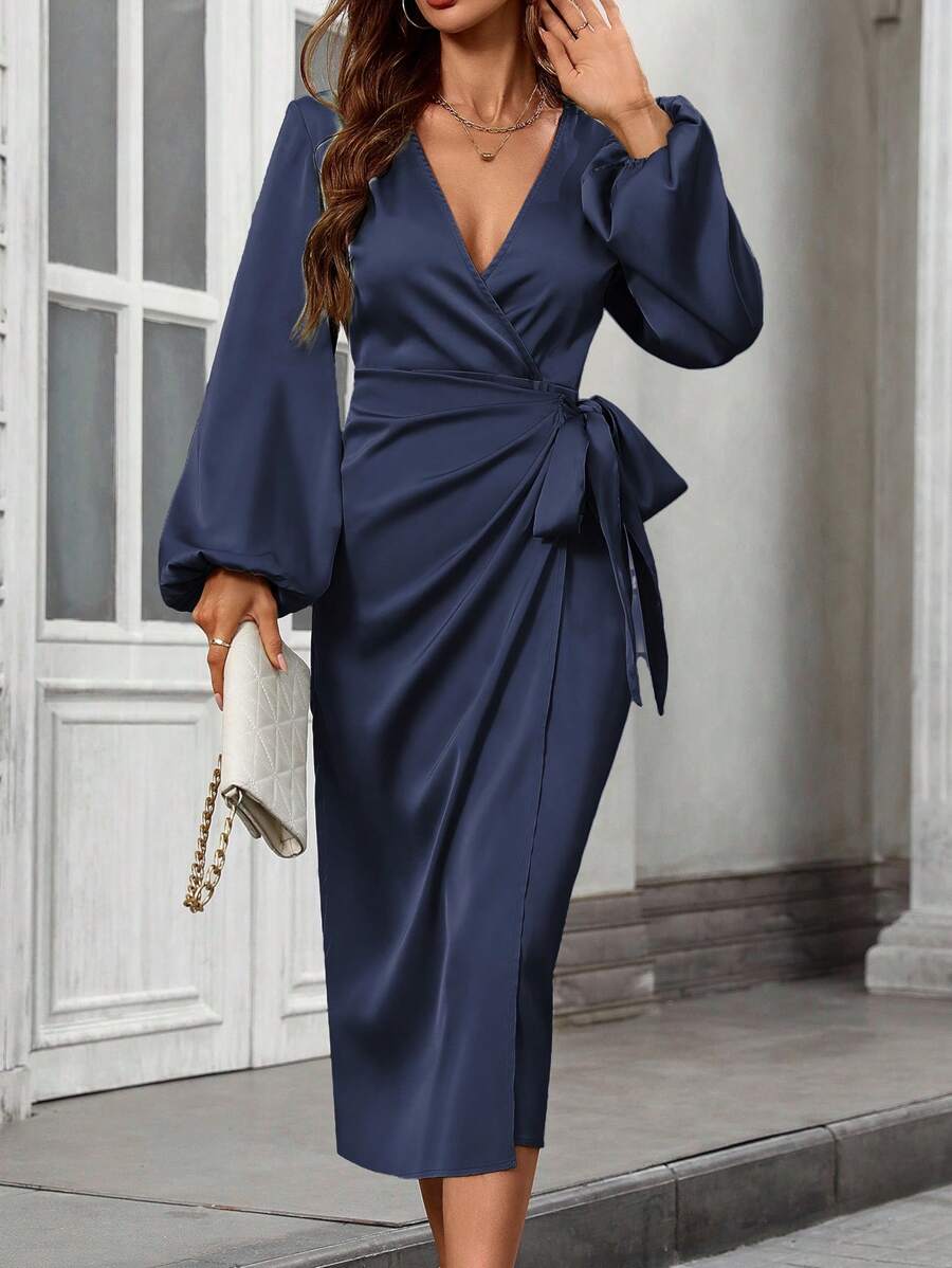 SHEIN Clasi Women's Elegant Solid Color Surplice Neck Lantern Sleeve Wrap Tie Front Midi Dress, For Spring & Autumn Maxi Satin Women Outfit Fall Cloth For Women - Navy Blue - View 1