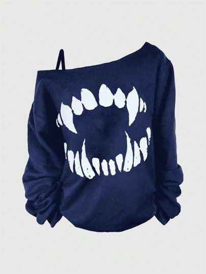 Plus Size Gothic Style Oblique Shoulder Strap Fang Print Oversize Women Loose Fit Long Sleeve Hoodie