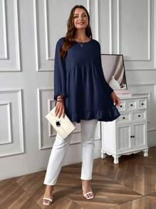 EMERY ROSE Plus Size Solid Color Round Neck Casual Everyday Long Sleeve Shirt - Navy Blue - View 4