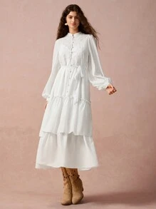 Enchnt Women's Elegant White Summer Graduation A-Line Dress,Solid Color Embroidered Front Button Long Sleeve Ruched Casual Fall Winter Christmas Clothing - White - View 7
