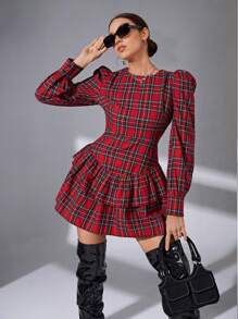 SHEIN Vestido de burbuja a cuadros rojos vintage para adolescentes, ideal para Navidad, Acción de Gracias, días festivos, retro, a cuadros, fiesta, rojo, invierno, otoño, Nochevieja - Rojo - Ver 5