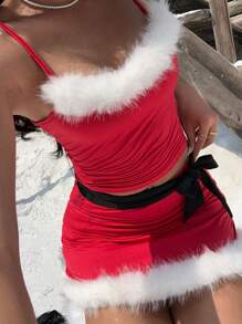 Muchica Christmas Plush Trim Bodycon Cami Top And Mini Skirt 2Pcs Set - Red and White - View 3