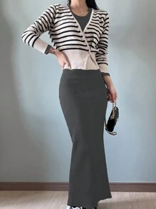 DAZY 女式纯色修身圆领连衣裙，后背开衩，秋季服装