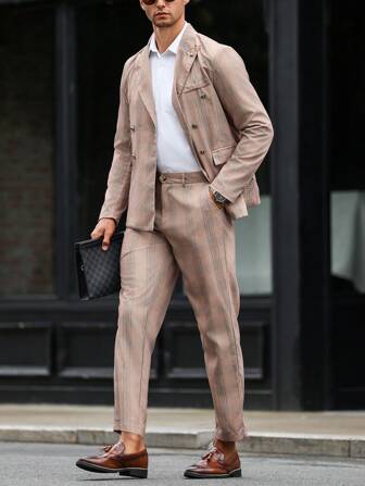 Manfinity Mode 2 adet/takım Erkek Günlük/İş Ekose Sivri Yaka Takım Elbise Ceket Ve Pantolon, Sonbahar