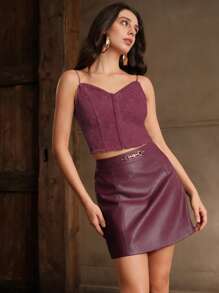 Anewsta Women Plain Elegant Christmas Season Autumn PU Leather Metal Buckle Fashionable A-Line Skirt Burgundy Color Women Outfit