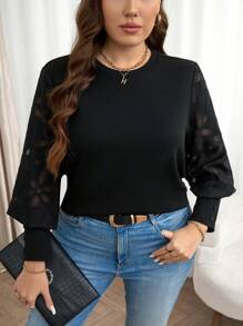 SHEIN LUNE Plus Size Women Solid Color Round Neck Long Sleeve Casual Top, Everyday Wear Top Negro Going Out Tops Thanksgiving Outfit Women New Years Women Outfit Winter Dresses Winter Clothes Women Rave Outfits