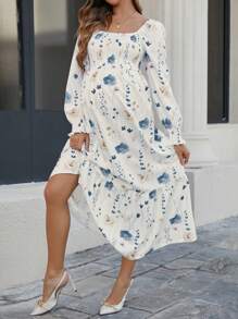 SHEIN Đầm dài in họa tiết hoa giản dị cho bà bầu, mùa thu - trắng - Xem 4