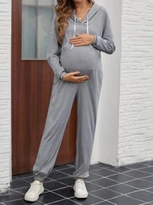 SHEIN 孕妇春秋休闲纯色抽绳连帽，抽绳连帽连体裤，孕妇装 - 淺灰色 - 查看 3