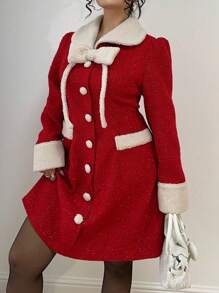 Celure Vestido casual de fiesta para citas, reuniones y uso diario, elaborado en tela de bucle roja para Navidad, con cuello redondo, botones, lazo y bolsillo, para mujeres de talla grande, para otoño/invierno, ropa para Año Nuevo