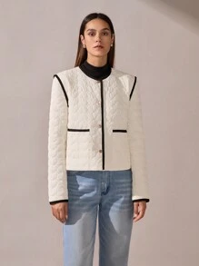 BizChic 女士白色绗缝圣诞夹克长袖外套，优雅通勤夹克