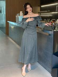 DAZY Women Elegant Off Shoulder Ruffle Top & Denim Skirt 2 Pieces Outfit, Suitable For Autumn