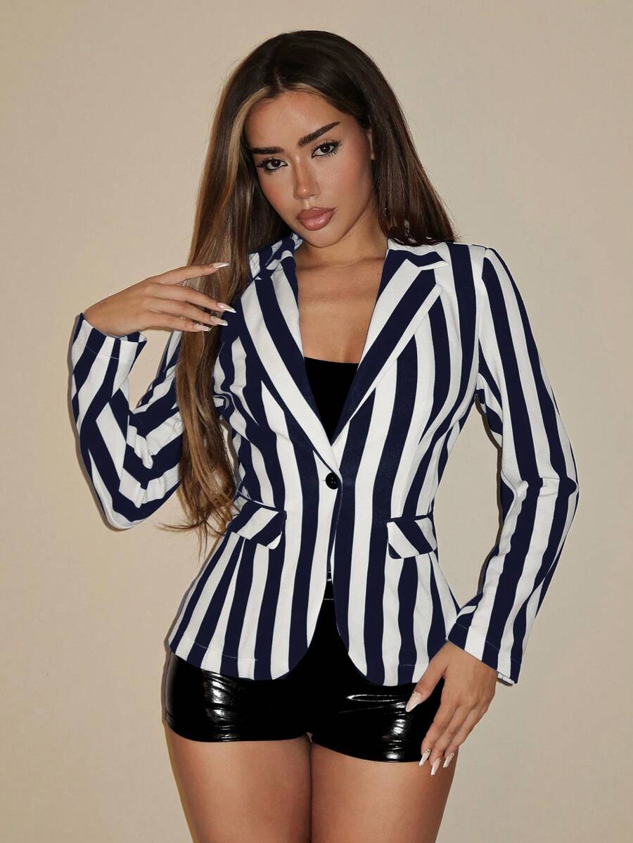 SHEIN ICON Halloween Dark Gothic Style Black & White Striped Fitted Women Blazer - Multicolor - View 1
