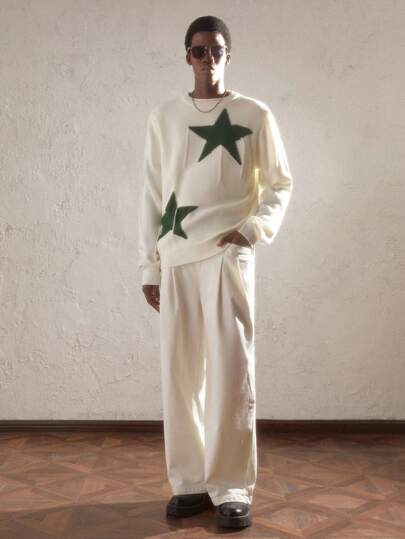 AKNOTIC Party Jersey de cuello redondo con mangas raglán de manga larga y bloques de color con estampado de estrella para hombre, informal para otoño/invierno