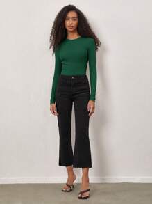 SHEIN BASICS Áo thun dệt kim gân trơn cho mùa xuân và mùa thu - Màu xanh lá cây đậm - Xem 6