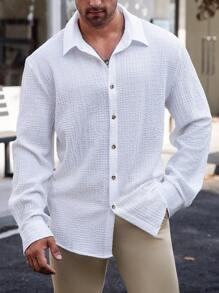 Manfinity Mode 大码男士休闲纯色长袖衬衫，适合秋季穿着 - 白色 - 查看 1