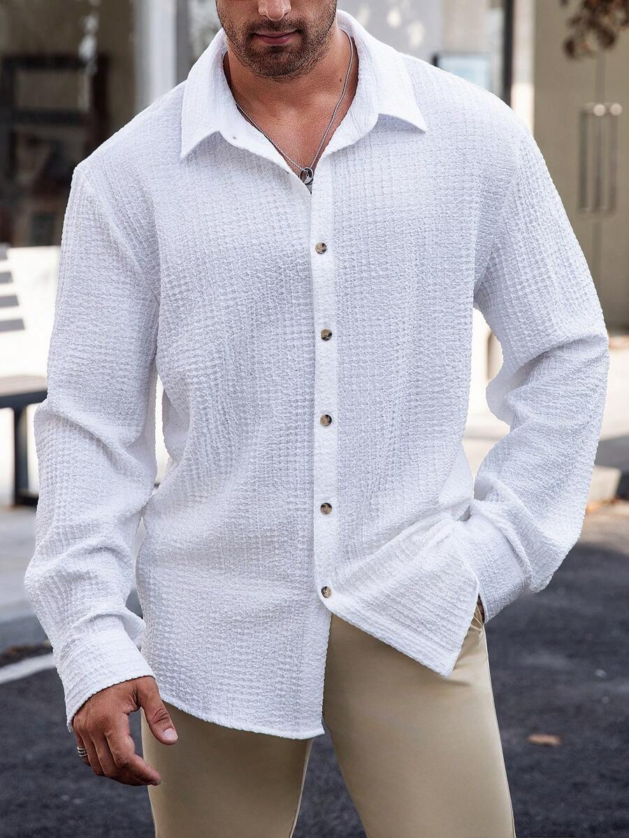 Manfinity Mode 大码男士休闲纯色长袖衬衫，适合秋季穿着 - 白色 - 查看 1