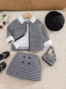 SHEIN Babygirl Autumn/Winter Houndstooth Fleece Jacket Coat Skirt Hat 3pcs Set - Black and White - View 1