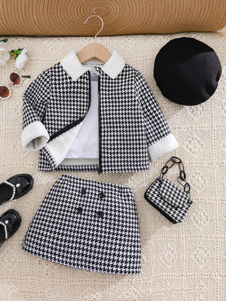 SHEIN Babygirl Autumn/Winter Houndstooth Fleece Jacket Coat Skirt Hat 3pcs Set - Black and White - View 1