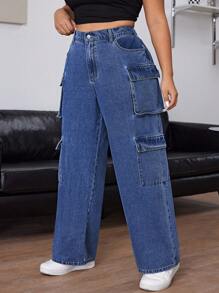 Solflare Coolmax Plus Size Front Button Pocket Straight-Leg Jeans, Casual Daily Wear - Blue - View 5