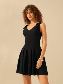 CAJUNI 女士 V 领无袖装饰蝴蝶结黑色短裙，假日休闲沙滩夏装 - 黑色 - 查看 4