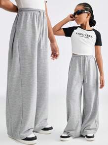 SHEIN Pantalón de chándal informal con cintura con cordón y pierna ancha de color gris para niña preadolescente