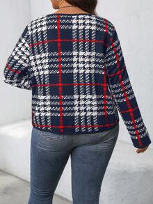 SHEIN LUNE 大码女式格子图案简约夹克，秋冬休闲日常穿着 - 藏蓝色 - 查看 2