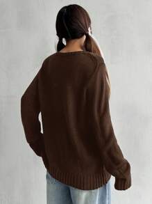 SHEIN EZwear 女士圆领长袖图案细节简约休闲上衣 - 咖啡棕 - 查看 2