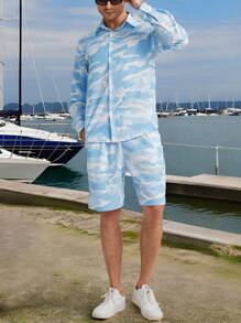 Manfinity Dauomo 2pcs Men Street Style Camo Print Long Sleeve Shirt And Drawstring Waist Loose Shorts Set - Blue and White - View 6