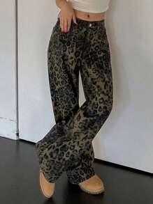 DAZY Jeans de pierna recta con estampado de leopardo para mujer
