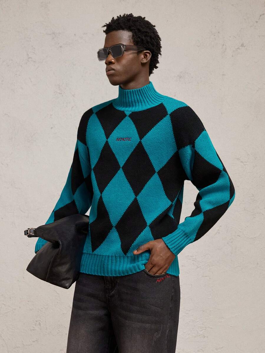 AKNOTIC Business Casual Men's Letter Embroidered Plaid High Neck Dropped Shoulder Long Sleeve Sweater, Suitable For Autumn/Winter - Multicolor - View 1