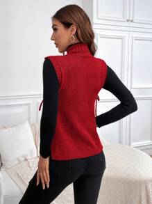SHEIN LUNE 1 件纯色立领侧开衩系带针织毛衣背心，秋冬季休闲 - 酒紅色 - 查看 2