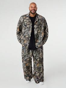 Manfinity VCAY Plus Size Men's Loose Woven Leaf/Maple Leaf Print Jacket And Pants Set, Fall Winter Clothes - Multicolor - View 1