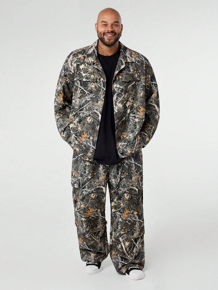 Manfinity VCAY Plus Size Men's Loose Woven Leaf/Maple Leaf Print Jacket And Pants Set, Fall Winter Clothes - Multicolor - View 1